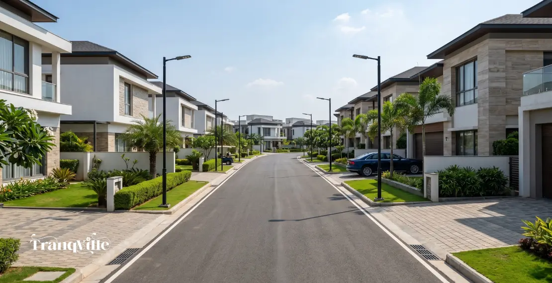 Planned infrastructure of gated community villas in Hyderabad with wide roads Planned infrastructure of gated community villas in Hyderabad with wide roads