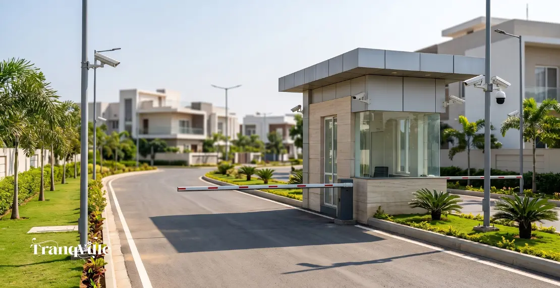 Security gate of gated community villas in Hyderabad with CCTV and controlled access