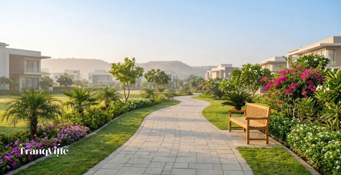 Peaceful villa community walking path in Hyderabad with greenery